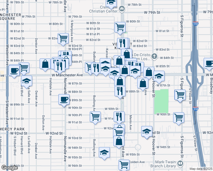 map of restaurants, bars, coffee shops, grocery stores, and more near 1112 West 87th Street in Los Angeles