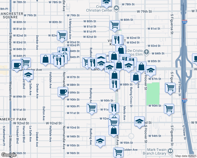 map of restaurants, bars, coffee shops, grocery stores, and more near 1112 West 87th Street in Los Angeles