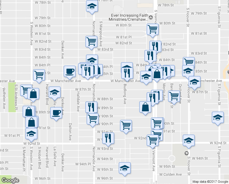 map of restaurants, bars, coffee shops, grocery stores, and more near 1246 West 87th Street in Los Angeles