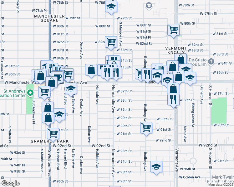 map of restaurants, bars, coffee shops, grocery stores, and more near 8719 Normandie Avenue in Los Angeles