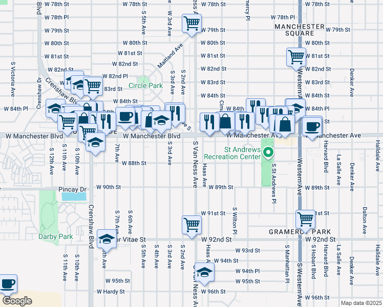 map of restaurants, bars, coffee shops, grocery stores, and more near 8712 South 2nd Avenue in Inglewood