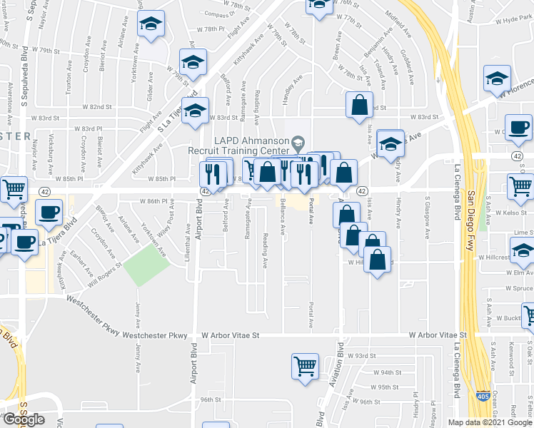 map of restaurants, bars, coffee shops, grocery stores, and more near 8754 Reading Avenue in Los Angeles