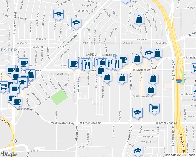map of restaurants, bars, coffee shops, grocery stores, and more near 8715 Ramsgate Avenue in Los Angeles