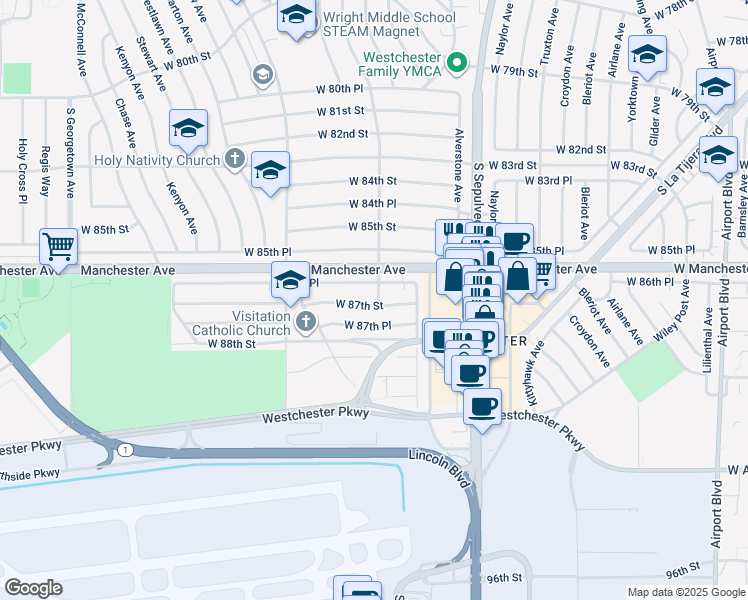 map of restaurants, bars, coffee shops, grocery stores, and more near 6447 West 87th Street in Los Angeles