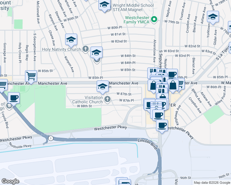 map of restaurants, bars, coffee shops, grocery stores, and more near 6522 West 87th Street in Los Angeles