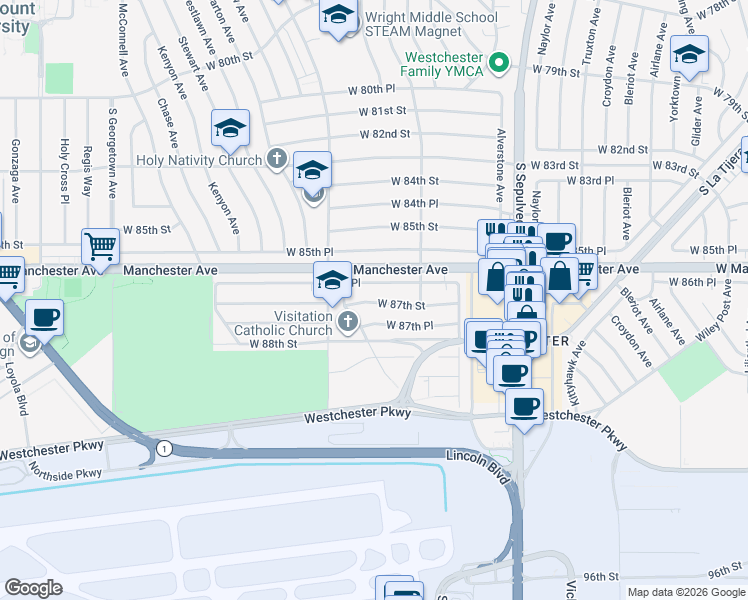 map of restaurants, bars, coffee shops, grocery stores, and more near 6522 West 87th Street in Los Angeles