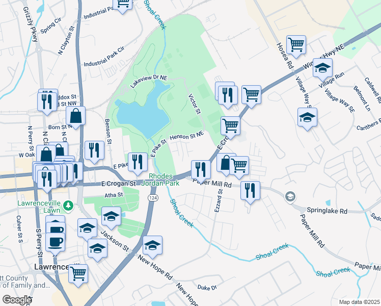 map of restaurants, bars, coffee shops, grocery stores, and more near Holt Lane in Lawrenceville