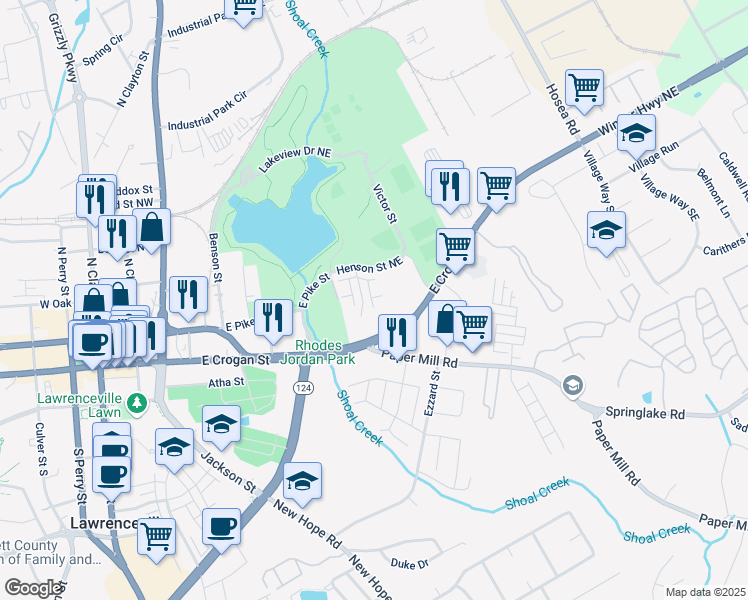 map of restaurants, bars, coffee shops, grocery stores, and more near Holt Lane in Lawrenceville