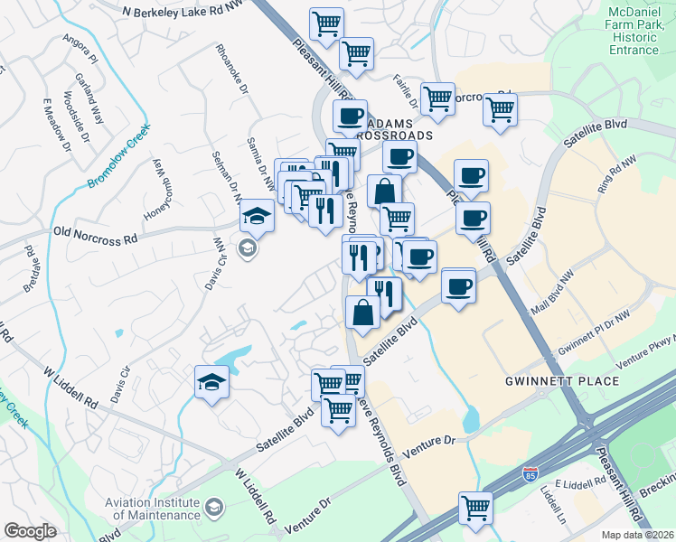 map of restaurants, bars, coffee shops, grocery stores, and more near 3809 Dandridge Way Northwest in Duluth