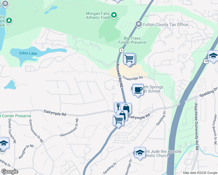 map of restaurants, bars, coffee shops, grocery stores, and more near 7430 Princeton Trce Northeast in Atlanta