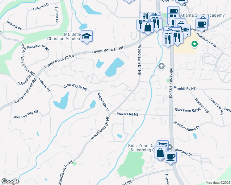 map of restaurants, bars, coffee shops, grocery stores, and more near 4569 Fountain Drive Northeast in Marietta