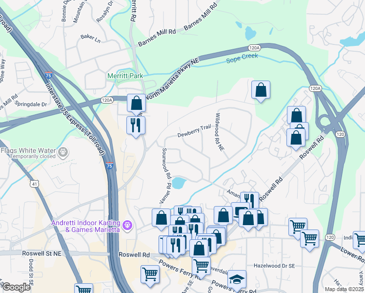 map of restaurants, bars, coffee shops, grocery stores, and more near 1452 Shadowbrook Drive in Marietta