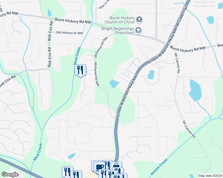 map of restaurants, bars, coffee shops, grocery stores, and more near 200 McDaniel Road Northwest in Marietta