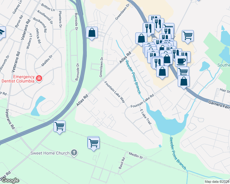 map of restaurants, bars, coffee shops, grocery stores, and more near 626 Fountain Lake Court in Columbia