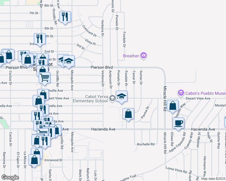 map of restaurants, bars, coffee shops, grocery stores, and more near 12388 Ambrosio Drive in Desert Hot Springs