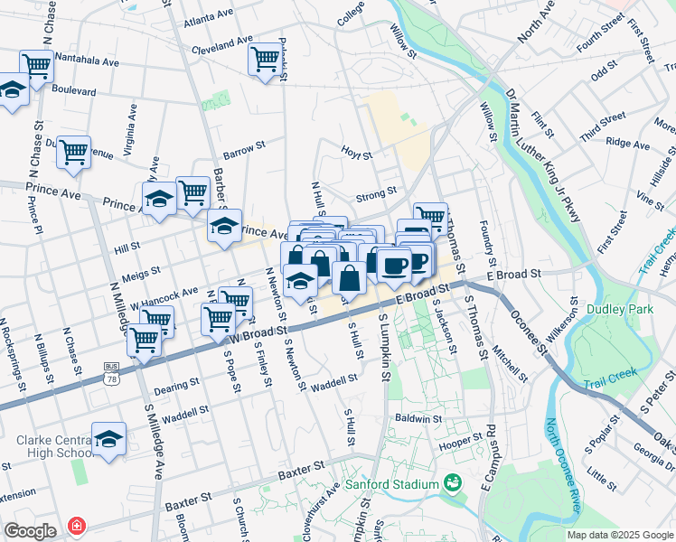 map of restaurants, bars, coffee shops, grocery stores, and more near 199 West Washington Street in Athens