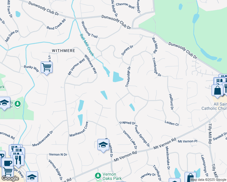 map of restaurants, bars, coffee shops, grocery stores, and more near 1687 Houghton Court North in Dunwoody
