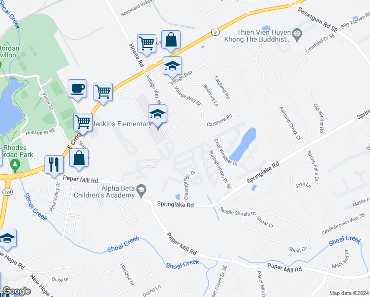 map of restaurants, bars, coffee shops, grocery stores, and more near 433 Village Way Southeast in Lawrenceville