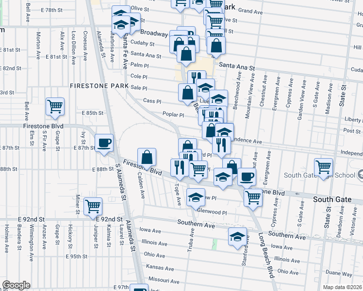 map of restaurants, bars, coffee shops, grocery stores, and more near 8620 Santa Fe Avenue in South Gate