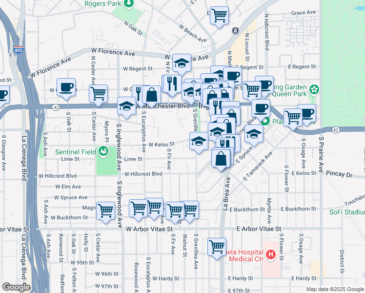map of restaurants, bars, coffee shops, grocery stores, and more near 124 West Kelso Street in Inglewood