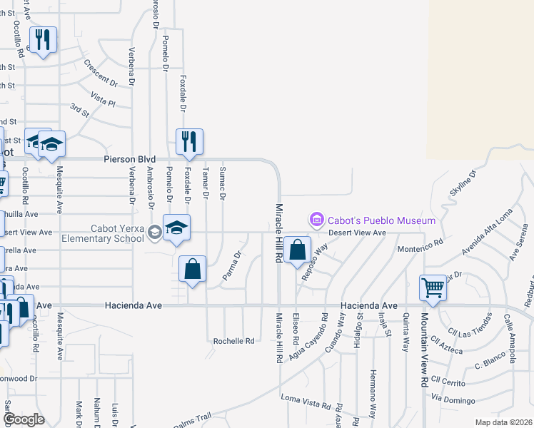 map of restaurants, bars, coffee shops, grocery stores, and more near 12379 Miracle Hill Road in Desert Hot Springs