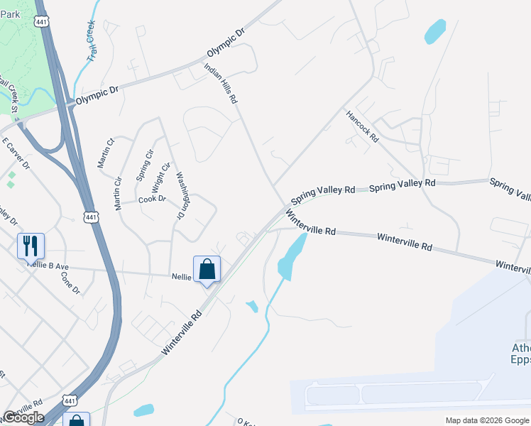 map of restaurants, bars, coffee shops, grocery stores, and more near 165 Spring Valley Road in Athens