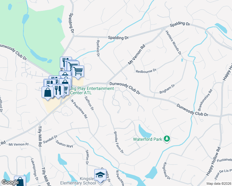 map of restaurants, bars, coffee shops, grocery stores, and more near 5463 Brooke Ridge Drive in Dunwoody