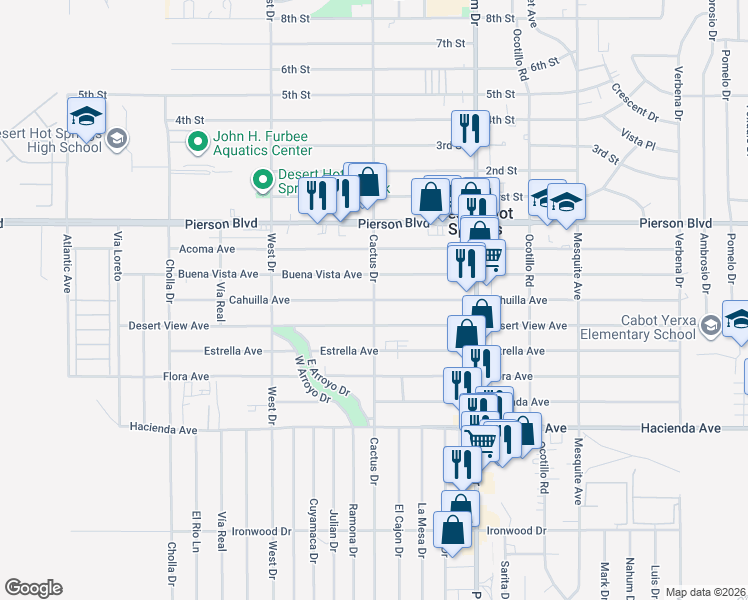 map of restaurants, bars, coffee shops, grocery stores, and more near 12340 Cactus Drive in Desert Hot Springs