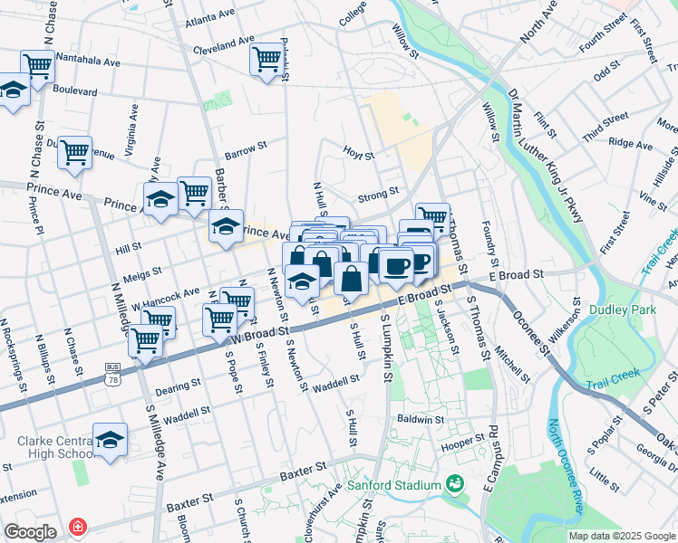 map of restaurants, bars, coffee shops, grocery stores, and more near 199 West Washington Street in Athens