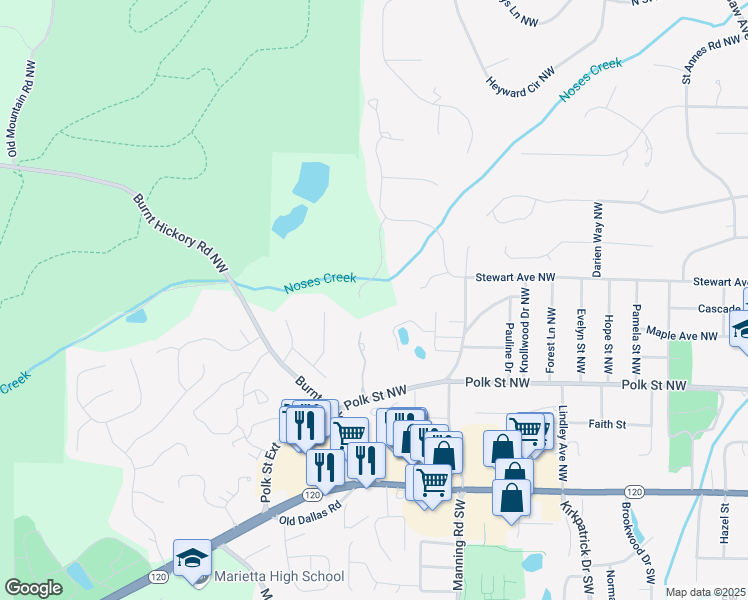 map of restaurants, bars, coffee shops, grocery stores, and more near 310 Anders Pth Northwest in Marietta