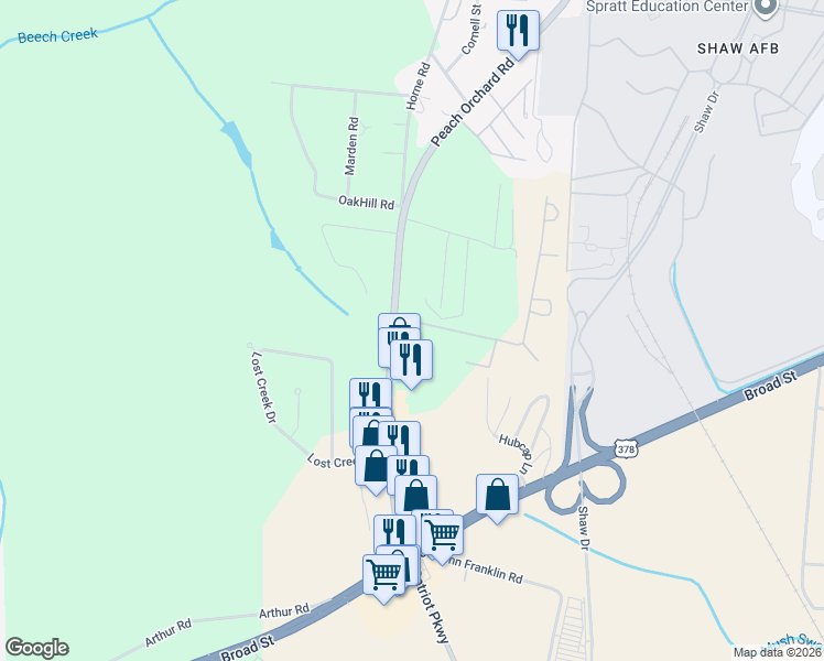 map of restaurants, bars, coffee shops, grocery stores, and more near 1385 Peach Orchard Road in Sumter