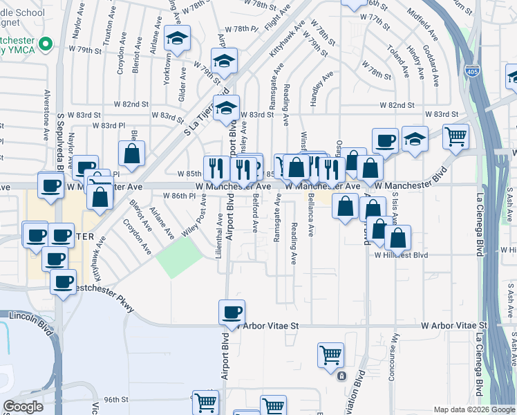 map of restaurants, bars, coffee shops, grocery stores, and more near 8655 Belford Avenue in Los Angeles