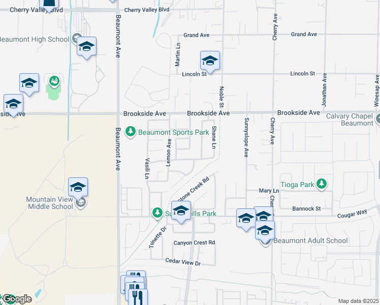 map of restaurants, bars, coffee shops, grocery stores, and more near 645 Bryce Lane in Beaumont
