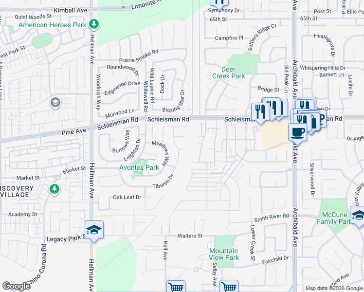 map of restaurants, bars, coffee shops, grocery stores, and more near 14630 Greenward Court in Corona