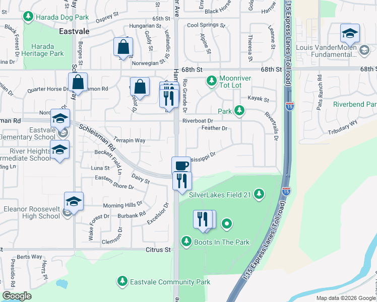 map of restaurants, bars, coffee shops, grocery stores, and more near 7154 Ohio River Drive in Eastvale