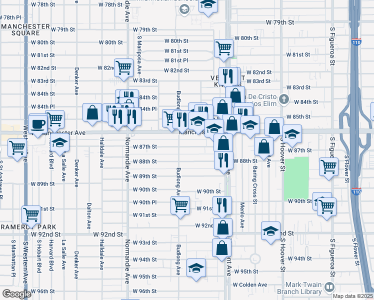 map of restaurants, bars, coffee shops, grocery stores, and more near 1112 West 87th Street in Los Angeles