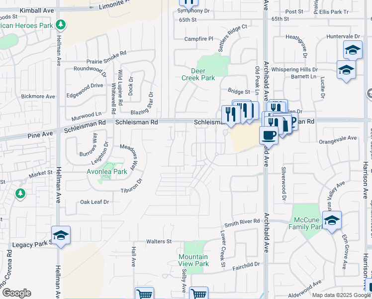 map of restaurants, bars, coffee shops, grocery stores, and more near 7085 Montecito Lane in Eastvale