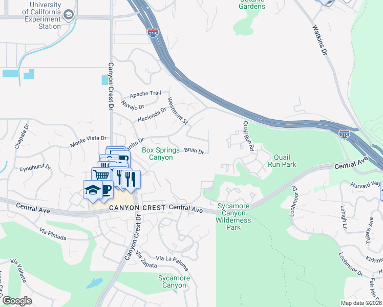map of restaurants, bars, coffee shops, grocery stores, and more near 566 Bruin Drive in Riverside