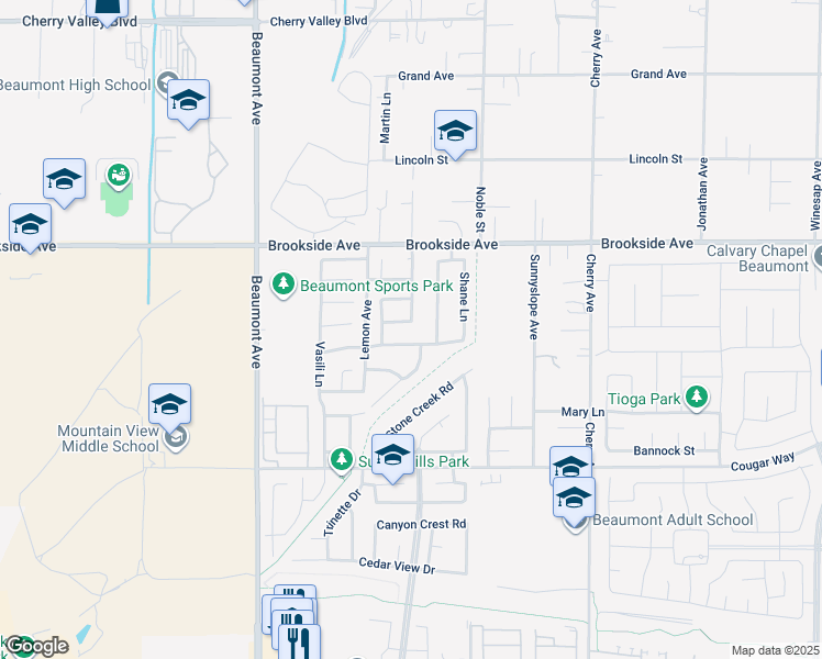 map of restaurants, bars, coffee shops, grocery stores, and more near 645 Bryce Lane in Beaumont