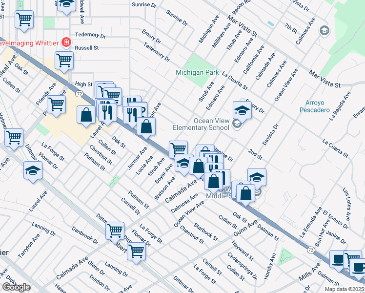 map of restaurants, bars, coffee shops, grocery stores, and more near 14022 Christine Drive in Whittier