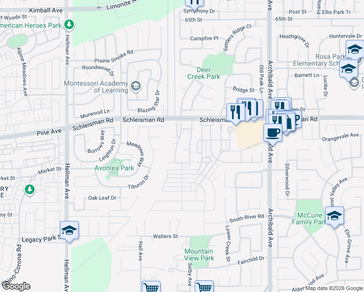 map of restaurants, bars, coffee shops, grocery stores, and more near 7077 Vernazza Place in Eastvale
