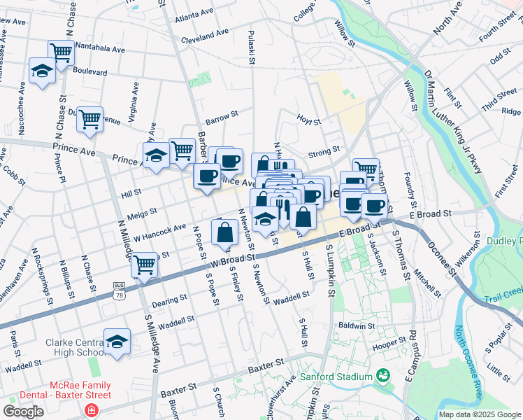 map of restaurants, bars, coffee shops, grocery stores, and more near 345 West Hancock Avenue in Athens