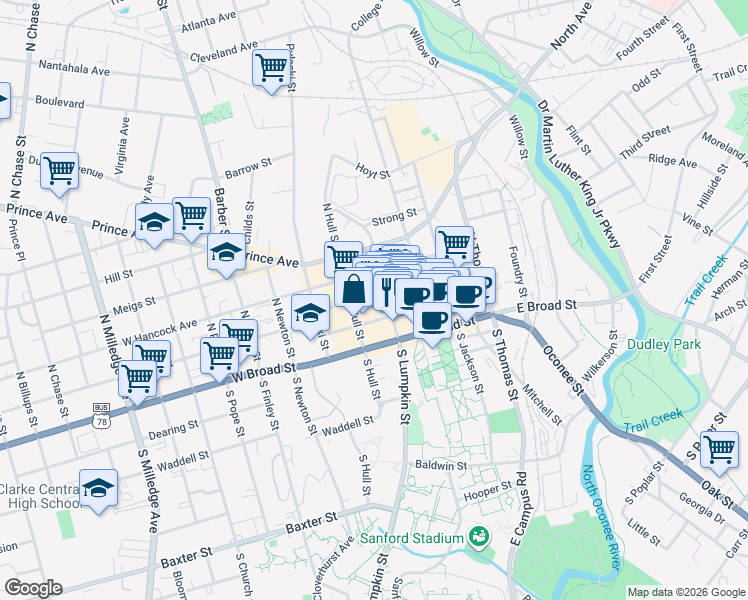 map of restaurants, bars, coffee shops, grocery stores, and more near 125 West Washington Street in Athens