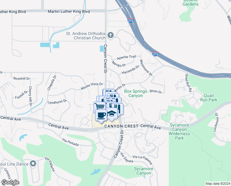 map of restaurants, bars, coffee shops, grocery stores, and more near 5208 Monte Vista Drive in Riverside