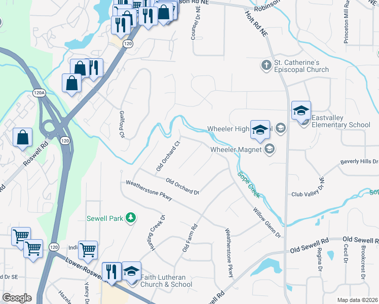 map of restaurants, bars, coffee shops, grocery stores, and more near 320 Clear Spring Court in Marietta