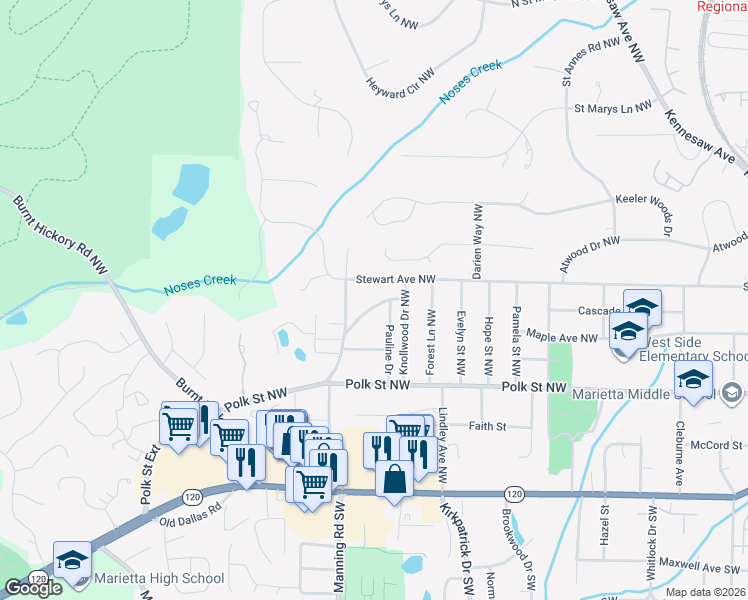 map of restaurants, bars, coffee shops, grocery stores, and more near 700 Stewart Circle Northwest in Marietta