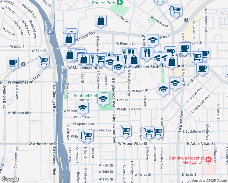 map of restaurants, bars, coffee shops, grocery stores, and more near West Kelso Street in Inglewood