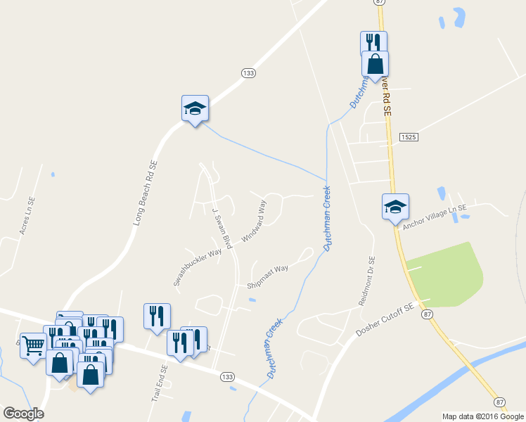 map of restaurants, bars, coffee shops, grocery stores, and more near 5223 Windward Way in Southport