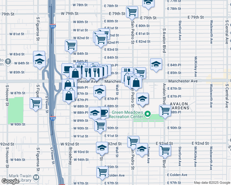 map of restaurants, bars, coffee shops, grocery stores, and more near 151 East 87th Place in Los Angeles