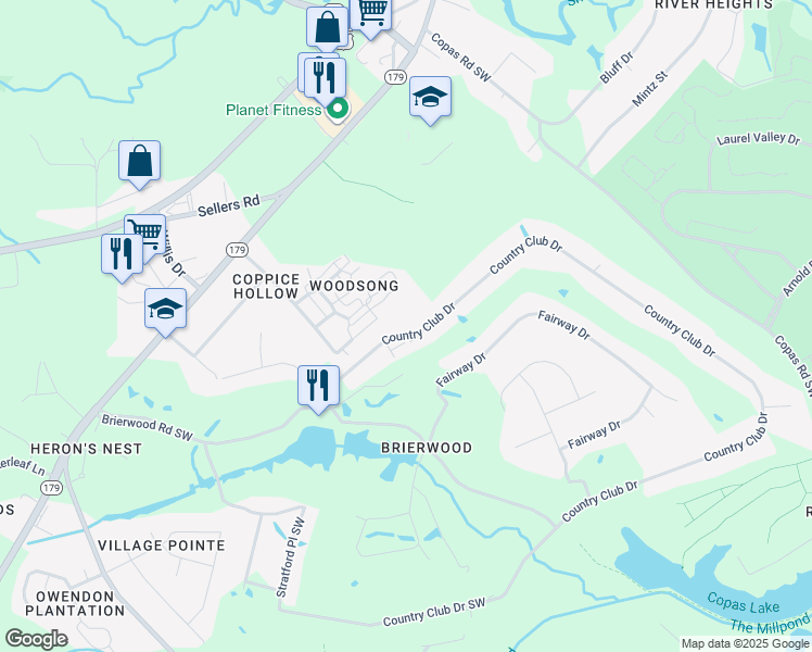 map of restaurants, bars, coffee shops, grocery stores, and more near 120 Country Club Villa Drive in Shallotte